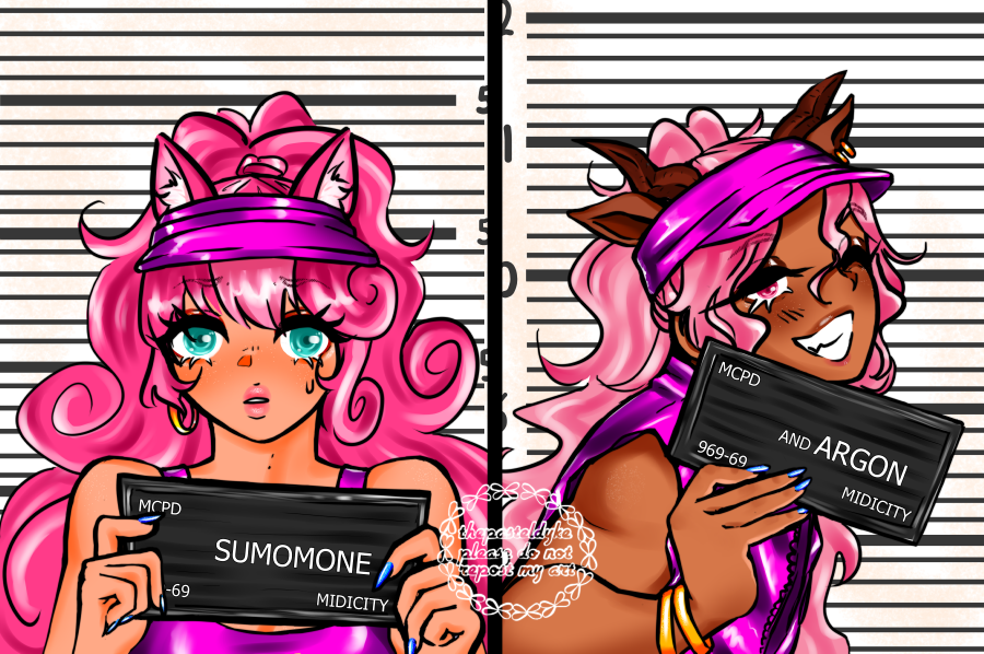 Sumomone and Argon each in a frame side by side. On the left Sumomone holds a mugshot board with both hands in front of her, looking awkward. On the right Argon holds a mugshot board with one hand in front of him, grinning and winking. They're wearing matching purple outfits. It's a redraw of a meme from the 2023 live action Barbie movie.